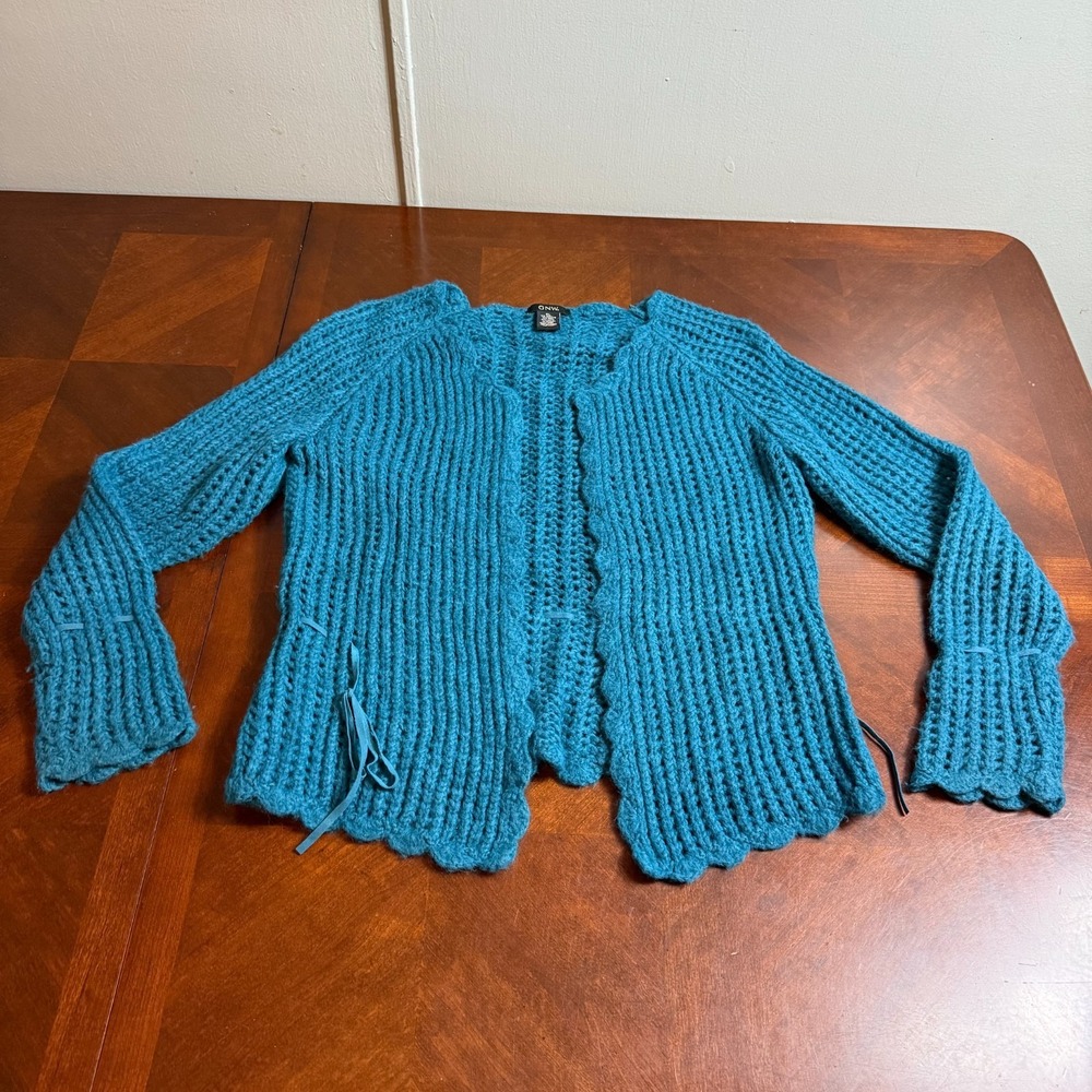 vtg GNW Chunky Knit Cardigan Sweater Women XL blue‎ Crochet Open Front